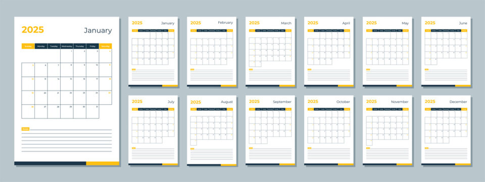 2025 calendar template. Corporate and business planner diary. The week starts on Sunday. Set of 12 months pages.