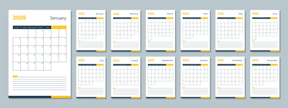 2025 calendar template. Corporate and business planner diary. The week starts on Monday. Set of 12 months pages.