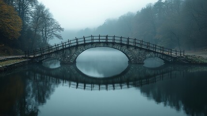 Serene misty morning with a stone bridge over calm water