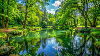 Reflective Serenity A Tranquil Pond Surrounded by Lush Trees, Landscape, Nature, Reflection, Water