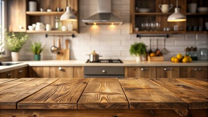Rustic Kitchen Countertop with Blurry Background, Wooden Table, Rustic, Home Decor, Kitchen
