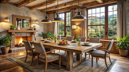 Rustic Farmhouse Dining Room with Warm Lighting, Wood Beams, and a Cozy Fireplace, dining room , farmhouse decor, rustic design , wood accents