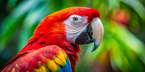 Scarlet Macaw Portrait Close-up of a Vibrant Bird in Lush Greenery, macaw, parrot, bird, jungle