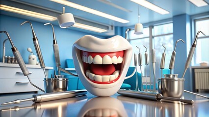 Smiling Mouth Dental Tools 3D Illustration, dental, healthcare, dentistry, smile