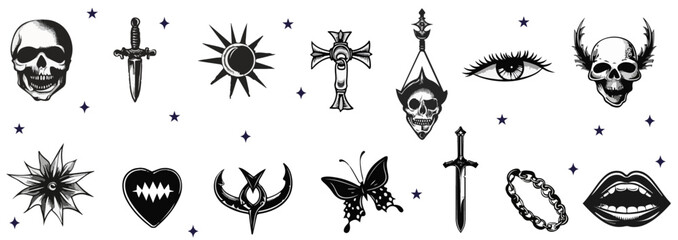 A collection of gothic symbols and designs featuring skulls, crosses, daggers, stars, hearts, eyes, butterflies, and lips in a dark and mystical aesthetic. Street grunge style. Vector illustration