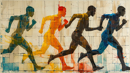 Artistic depiction of four runners in motion, illustrated in vibrant colors and abstract style, showcasing the energy and diversity of athletes.