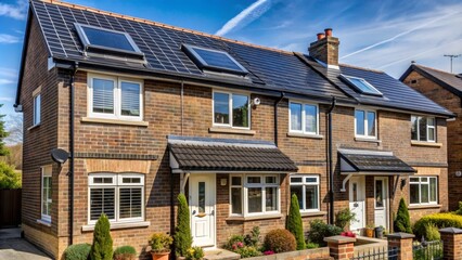 Solar Panel Roof on Brick Home, Front View, Sunlight, Energy Efficient, Roof, Brick, House