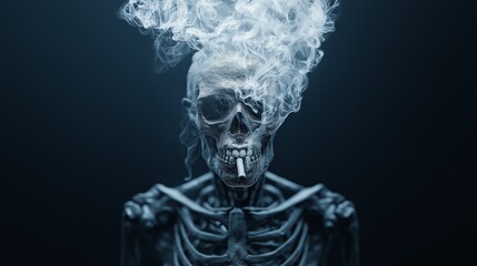 Smoking Skull with Rising Smoke Against Dark Background - Symbolic Anti-Smoking Conceptual Art