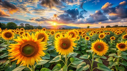 Obraz premium Sunflowers at Sunset, A Golden Field of Hope, Landscape Photography, Sunflowers, Sunset, Field , Nature