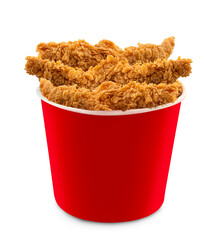Fried Chicken hot crispy strips crunchy pieces of tenders in a Bucket - large Red box isolated in...