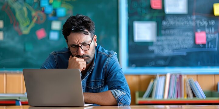 sad male teacher using laptop, office background, copy space