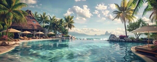 Obraz premium Tropical Paradise Beach Resort, 4K hyperrealistic photo