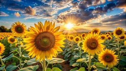 Obraz premium Sunlit Sunflower Field at Sunset, Wide Shot, Golden Petals, Summer Bloom , sunflower , field , sunset