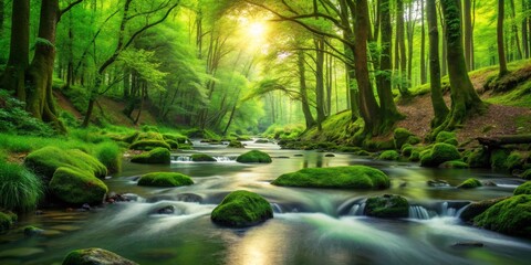 Sunlit Stream Through Lush Green Forest, Long Exposure, Flowing Water, Tranquil, Nature, forest , stream