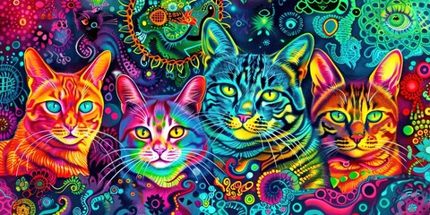psychedelic art, very colourful cats intertwined with fractals, LSD, vibrant