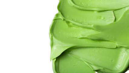 Swatch texture of green cream cray kaolin cosmetics for face and body on a white isolated background. Copy space