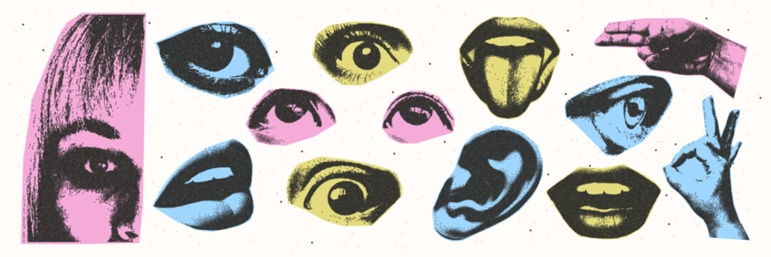 Set of bright stickers for eyes, mouth, head with retro photocopy effect, for decorating collages in grunge style. The elements have a grainy texture. Vector illustration.
