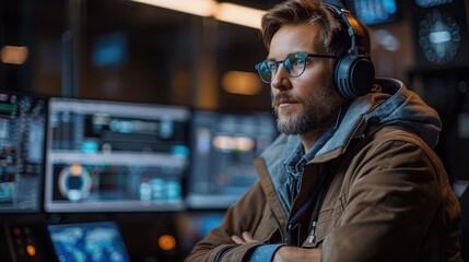 Fototapeta premium Man Wearing Headphones in Front of Computer Screens