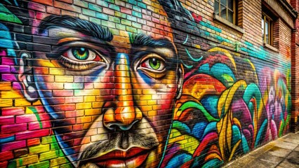 Fototapeta premium Urban Art - A Man's Face Painted on a Brick Wall, Street Art, Graffiti, Urban