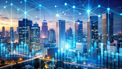 Urban Skyline with Networked Connections and Rising Charts, city, skyscraper, network, growth ,