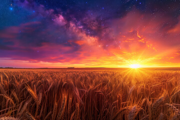 Obraz premium View of the vast wheat field under an enchanting starry sky.