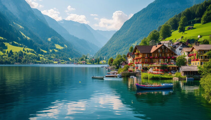 Fototapeta premium A charming village nestled between majestic mountains and a serene lake features traditional wooden houses with colorful flower boxes, bathed in warm summer sunlight.