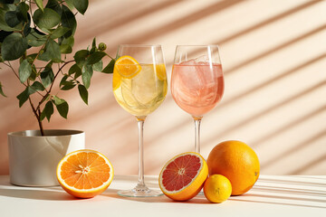 Refreshing citrus cocktails with lemon and grapefruit, elegant wine glasses on pink background, potted plant, summer drinks, sunlight shadows, fresh fruit