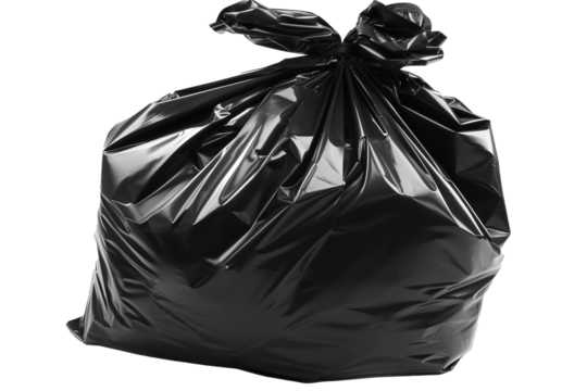 black garbage bag full of garbage on a transparent white background