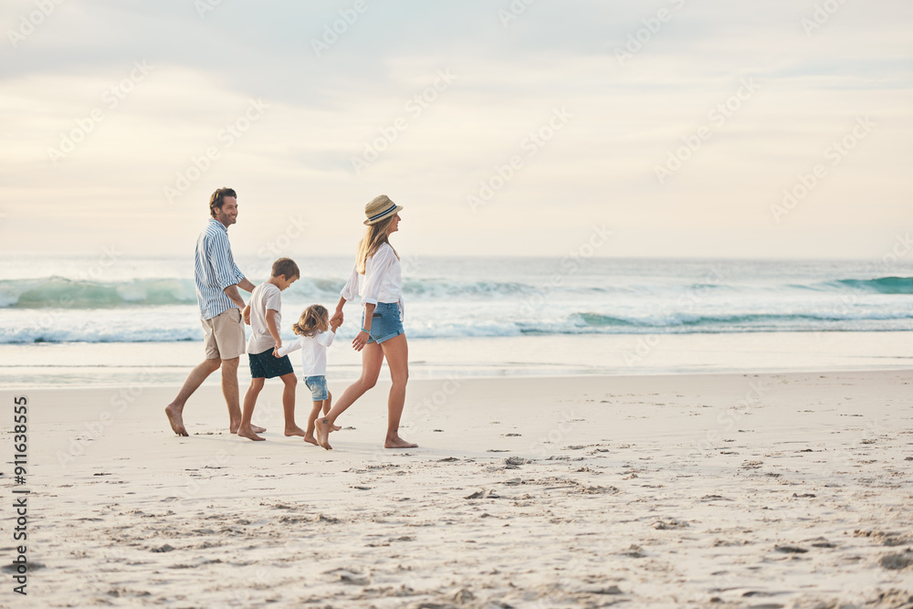 Poster Beach, walk and holding hands with family, bonding and happy adventure by ocean on blue sky. Mom, father and children explore with parents in Miami shore for holiday travel, trip and summer vacation