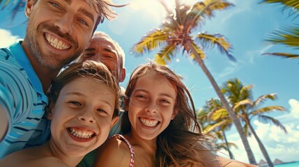 A happy family of four enjoys a sunny beach day, taking a close-up selfie with palm trees in the...