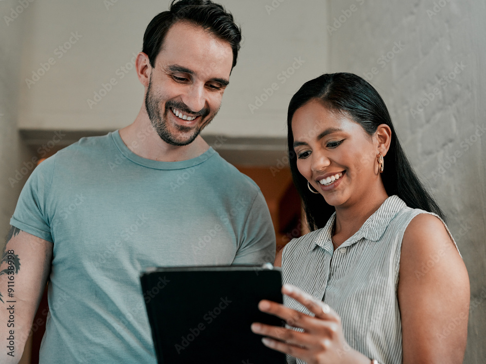 Poster Woman, man and tablet for architecture with smile in office, reading and review on app for design. People, teamwork and check with inspection, blueprint or excited for progress with property project