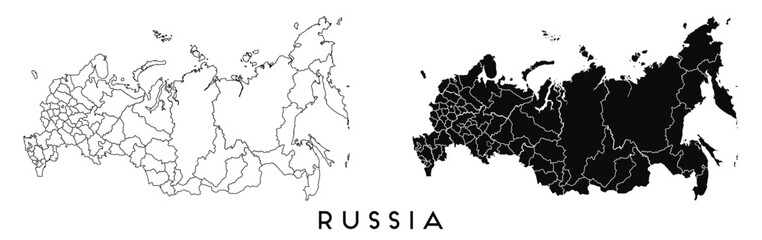 Russia map of regions districts vector black on white and outline