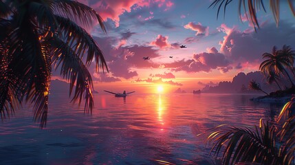 Sunset on a Tropical Beach With Palm Trees
