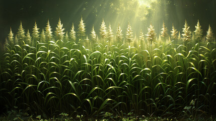 Lush, green field with tall grass and sunlight filtering through the trees in a tranquil forest setting.