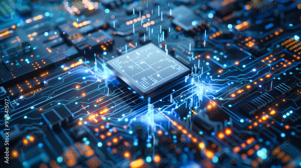 Poster close up of an advanced microchip with data flowing through it