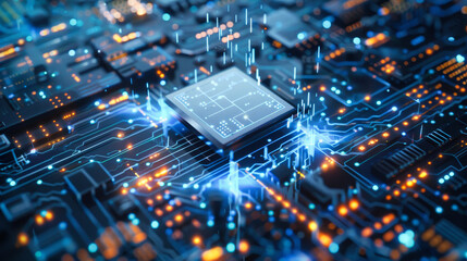 Close up of an advanced microchip with data flowing through it
