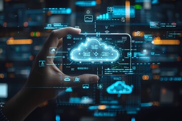 A hand holding a smartphone showcasing a futuristic cloud technology interface with data analytics and connectivity icons in a high-tech background.