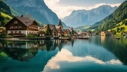 Naklejka premium A charming village nestled between majestic mountains and a serene lake features traditional wooden houses with colorful flower boxes, bathed in warm summer sunlight.