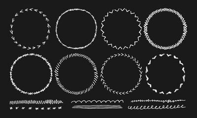 Eight round handwritten frames and six decorative stripes, underlines. White doodles, squiggles on a black background. Vector set