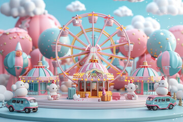 3D amusement park in soft blue and pink colors