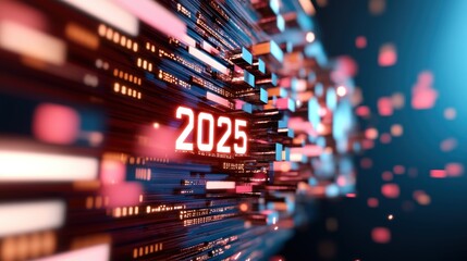 A close-up of "2025" on a futuristic computer screen, with lines of code and data flowing around it, highlighting the digital age.