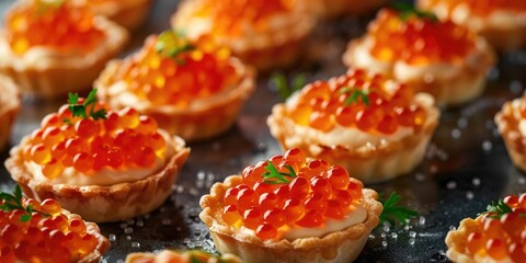 Cheese and Red Caviar Tartlets with Selective Focus and Copy Space