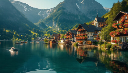 Fototapeta premium A charming village nestled between majestic mountains and a serene lake features traditional wooden houses with colorful flower boxes, bathed in warm summer sunlight.