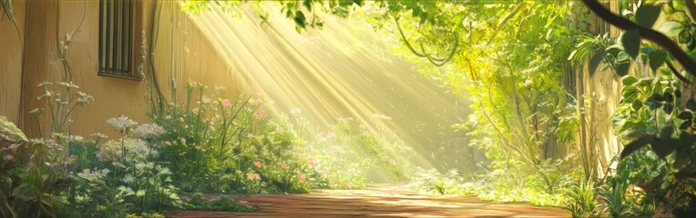unny Oasis: A High-Resolution Hand-Drawn Celebration of Nature's Abundance in a Summer Garden, Welcoming the Season's Charm with Lush Foliage and Bright Sunshine in Anime Style.