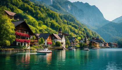 Fototapeta premium A charming village nestled between majestic mountains and a serene lake features traditional wooden houses with colorful flower boxes, bathed in warm summer sunlight.