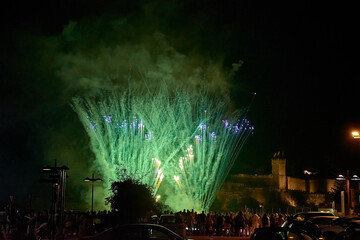 Fireworks Display at Fiesta de la Anunciada in Bayona with Parador Backdrop