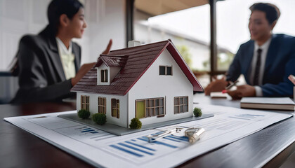 Two professionals examining house model and blueprints