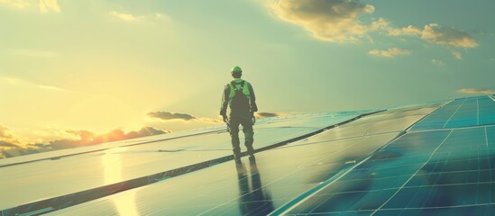 Man Inspecting Sustainable Energy Farm With Wind Turbines