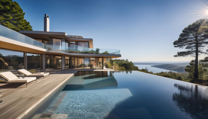 Fototapeta premium Luxurious cliffside villa with infinity pool overlooking a serene ocean