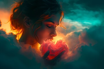 A serene young woman surrounded by mystical clouds, gently cradling a glowing heart. Evokes themes of love, dreams, and inner beauty in a dreamy atmosphere.
